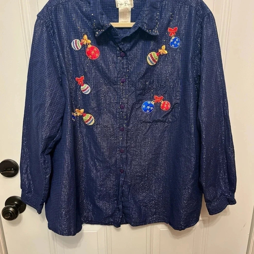 Bobbie Brooks Christmas Blouse Embroidered Button Shirt 22W/24W
